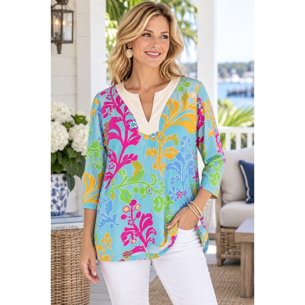 J McLaughlin Womens XL Floral Tunic Top Blue Pink Green 3/4 Sleeve Resort